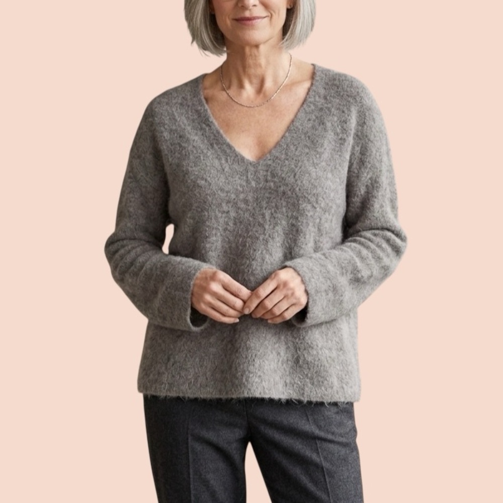 Eileen Fisher Taupe‎ Eyelash V Neck Sweater Merino Alpaca Blend Sz XL
